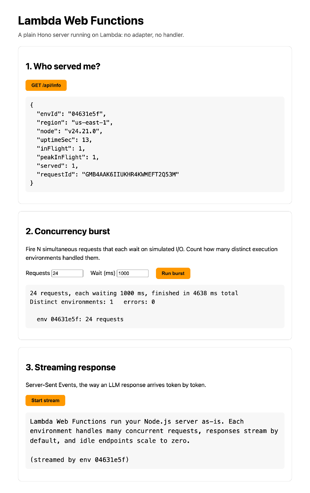 The demo page with all three panels populated: environment info, a concurrency burst, and a streamed response